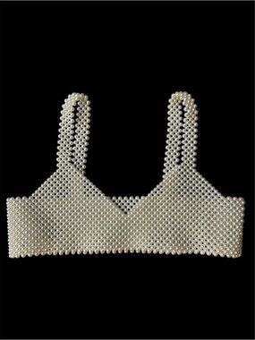 Handmade Pearl Beaded Bralette Crop Top Ivory Statement Festival Sz Small
